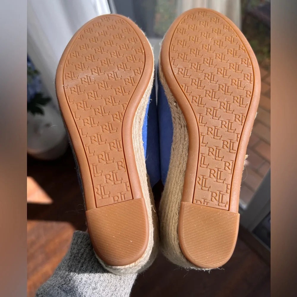 NIB Lauren Ralph Lauren Pennie Blue Suede Slip-on Espadrille Wedge Mules Size 7